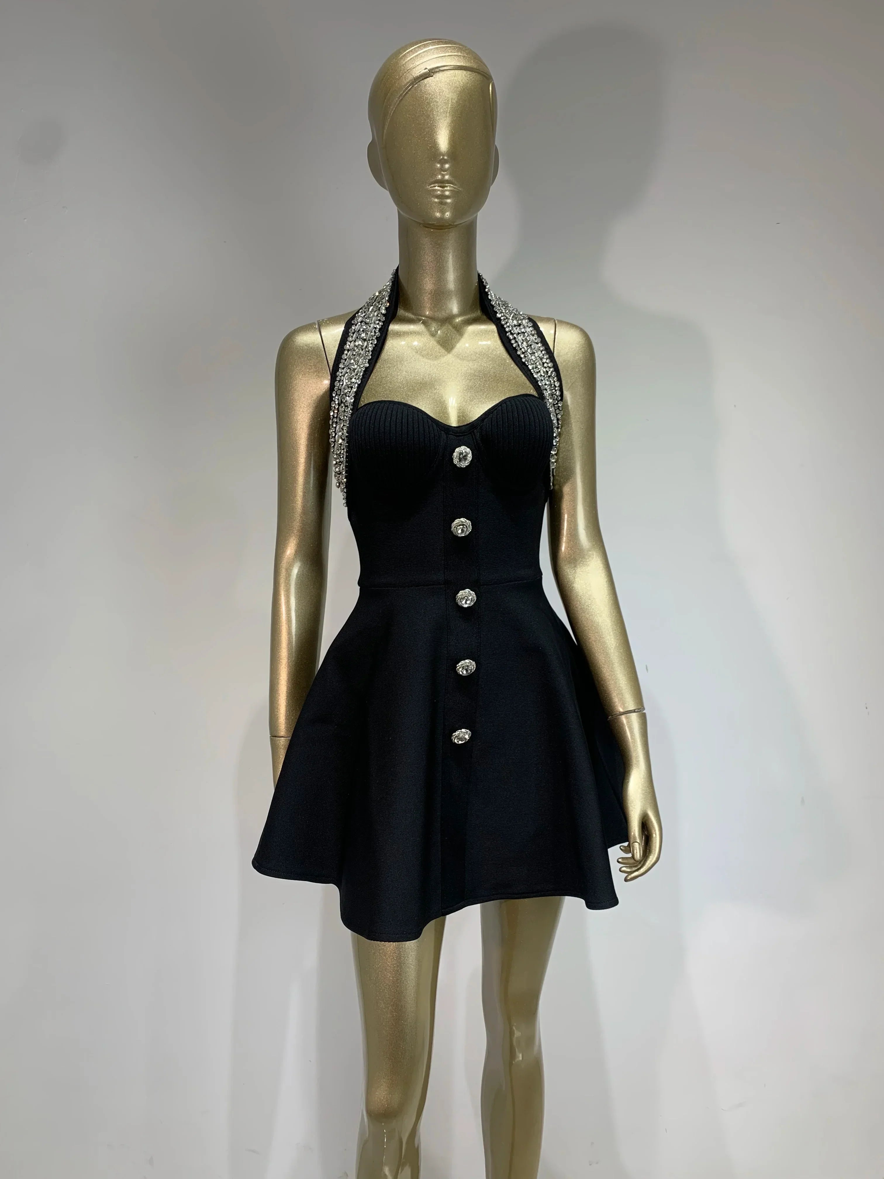 Black  Women Sexy Halter Shinning Sequins Off the Shoulder A-Line Mini Bandage Dress Celebrate Evening Party Red Carpet Wear