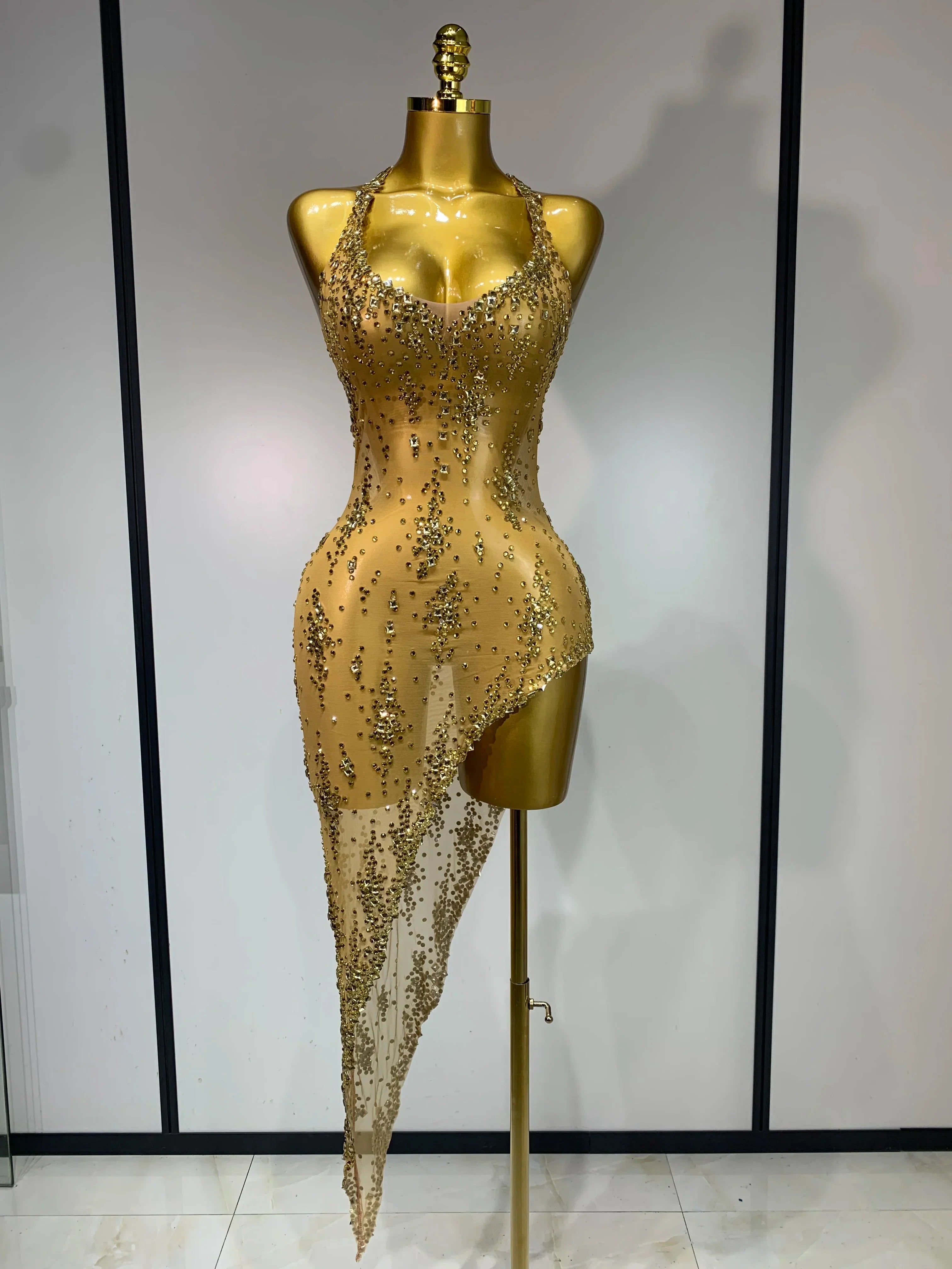 Women Sexy Luxury Birthday Prom Gowns Sparkly Diamond See Through Mesh Stretch Asymmetrical Dress Celebrity Elegant Stage Outfit Gold