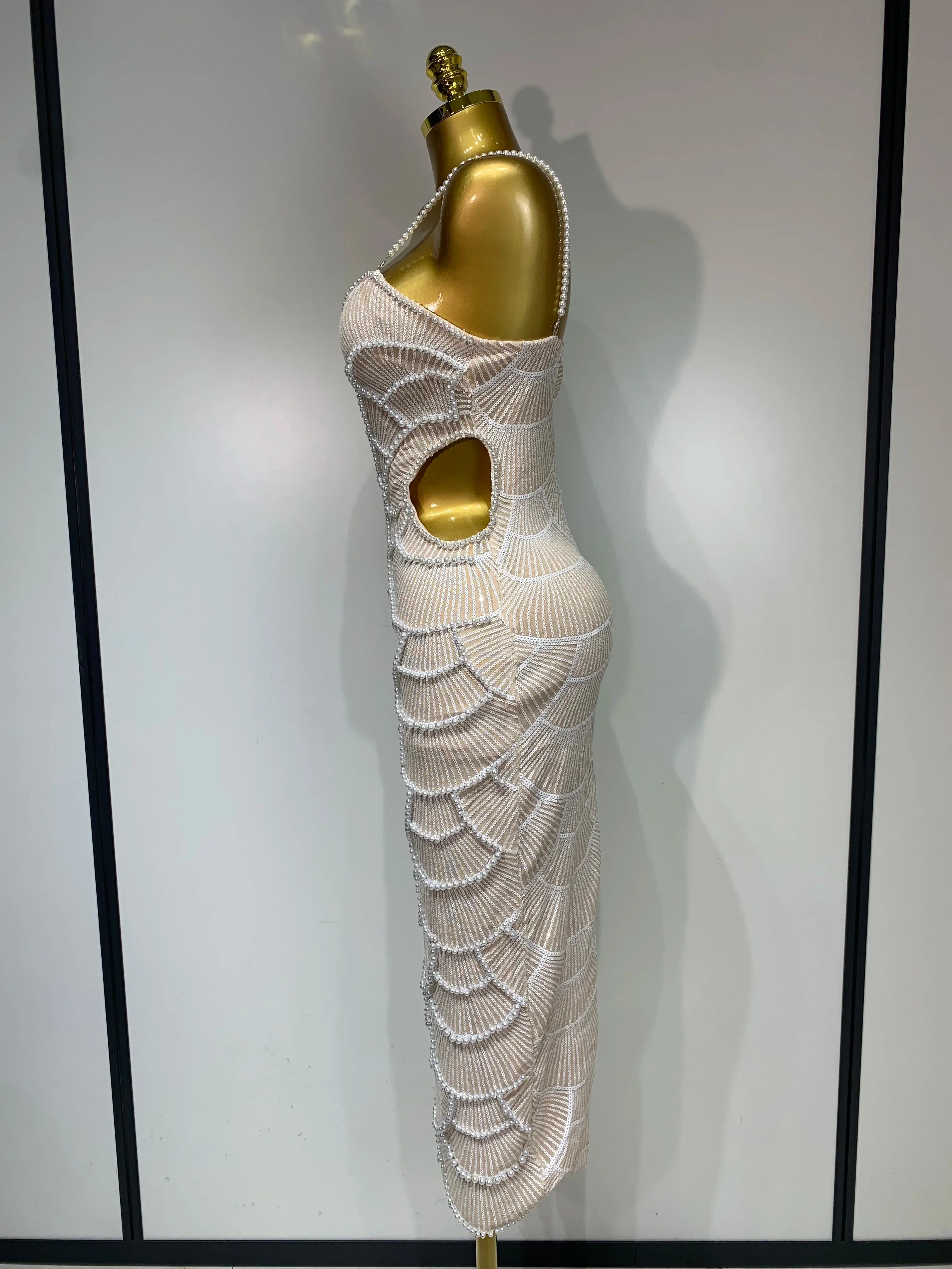 Women Sexy V Neck Pearl Beading Cut Out Maxi Long Bodycon Prom Gowns Dress Luxury Birthday Elegant Evening Party Club Dress