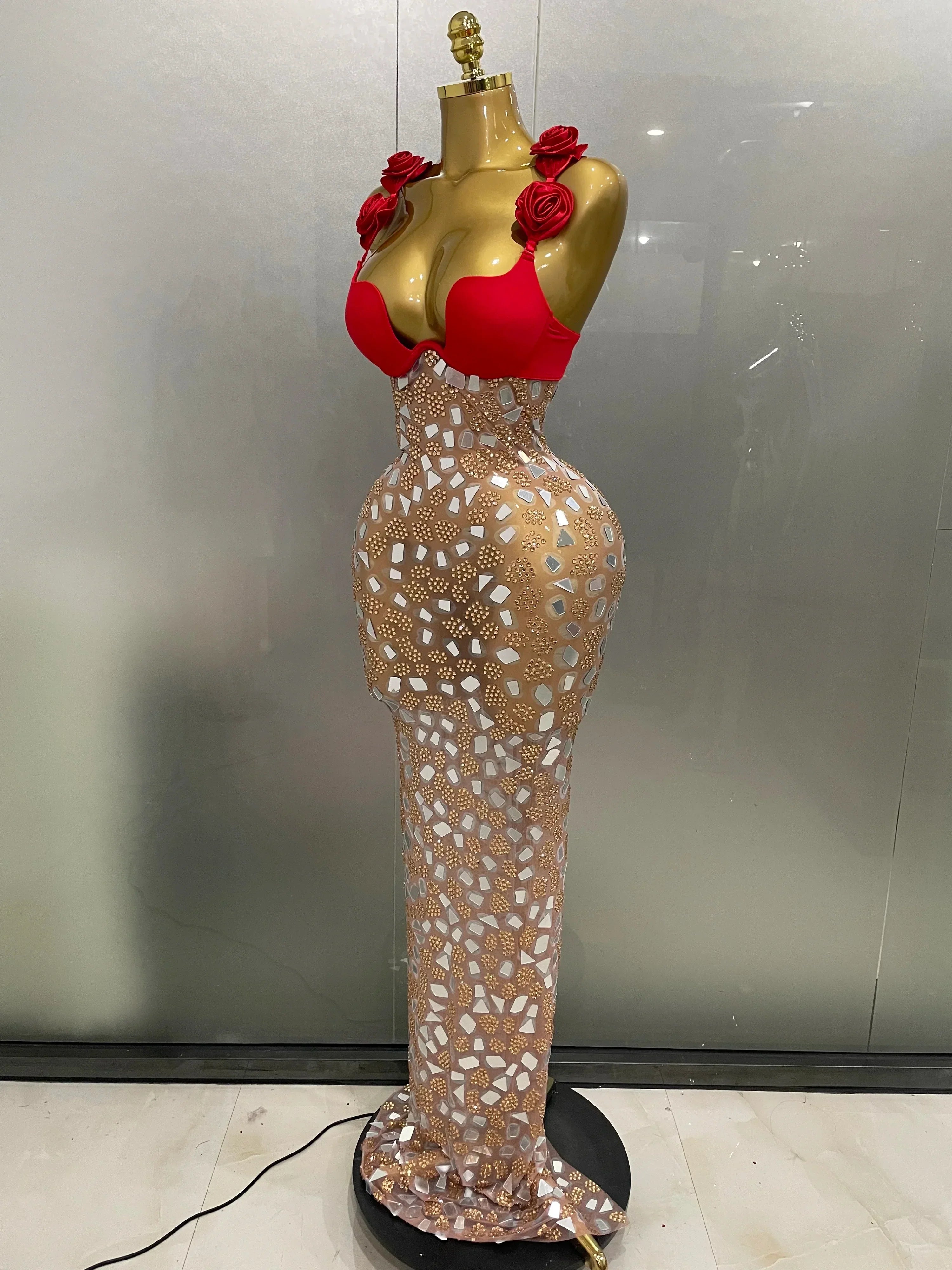 Sexy Sparkly Rhinestones Mesh Mirrors Red Roses Long Dress   Women Elegant Evening Party Club Stage performance Costume