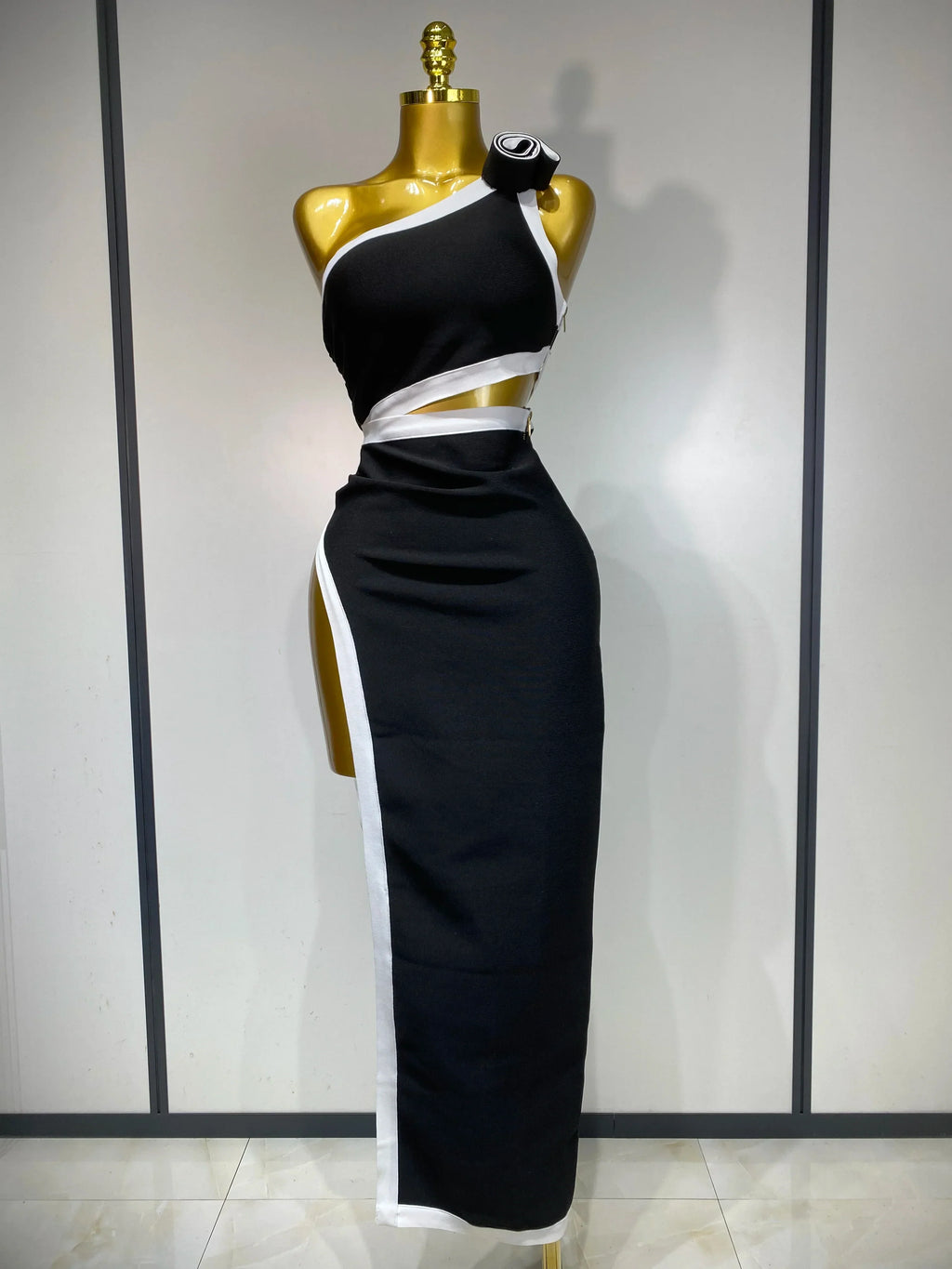 Women Celebrity Sexy One Shoulder Cut Out Split Maxi Long Bodycon Bandage Dress Elegant Evening Club Birthday Party Dress black