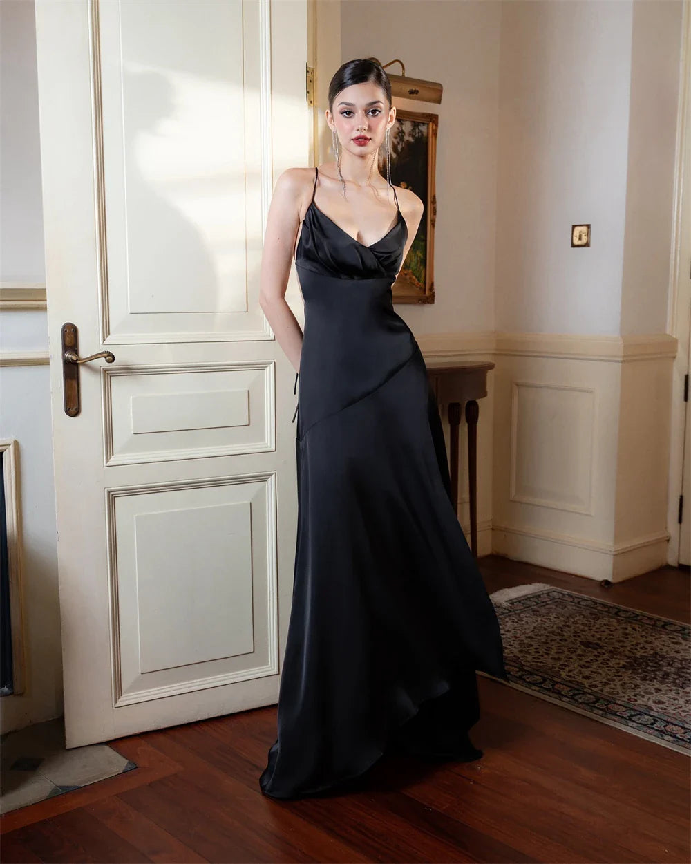 Black Satin Vneck Sleeveless Silk Dress