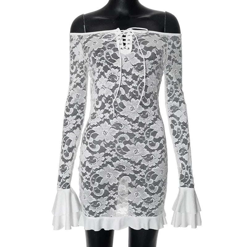Long Sleeve Streetwear White Lace Dress For Women Slash Neck Outfits See Through Fashions Vestidos Elegantes Para Mujer Ruffles