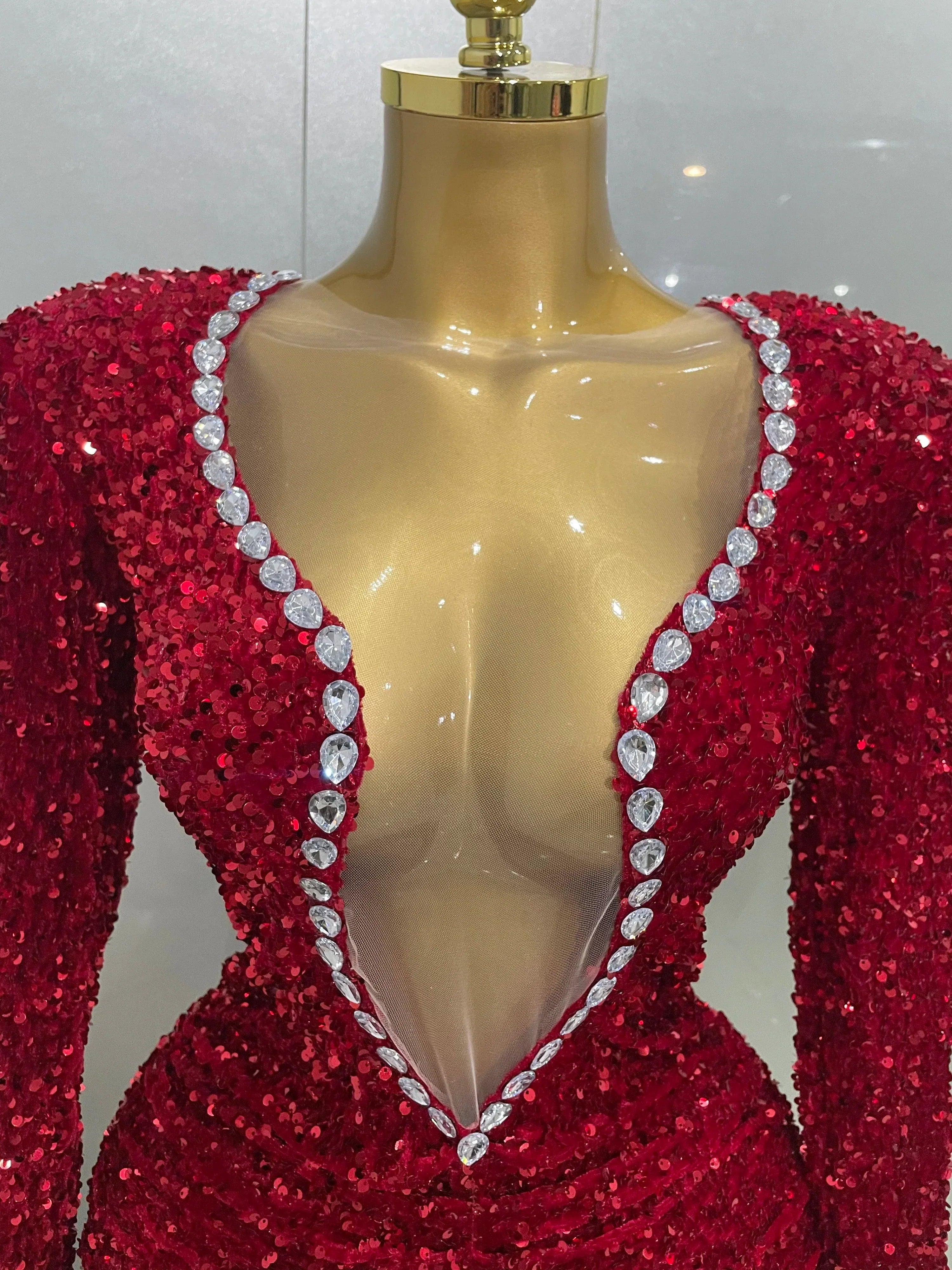 Sexy Shiny Red Sequins Rhinestones Sheath Mini Dress  Women Evening Birthday Party Nightclub Stage Performance Costume