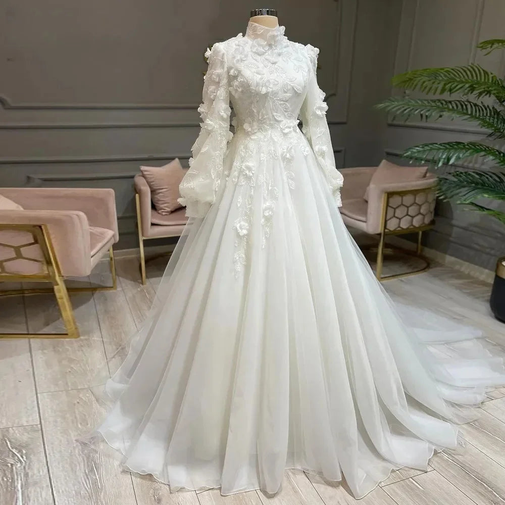 Customized High Neck Muslim Bridal Gowns A-Line Long Sleeves Islamic Wedding Dresses Lace Robe de Mariage Vestido De Noiva Ivory