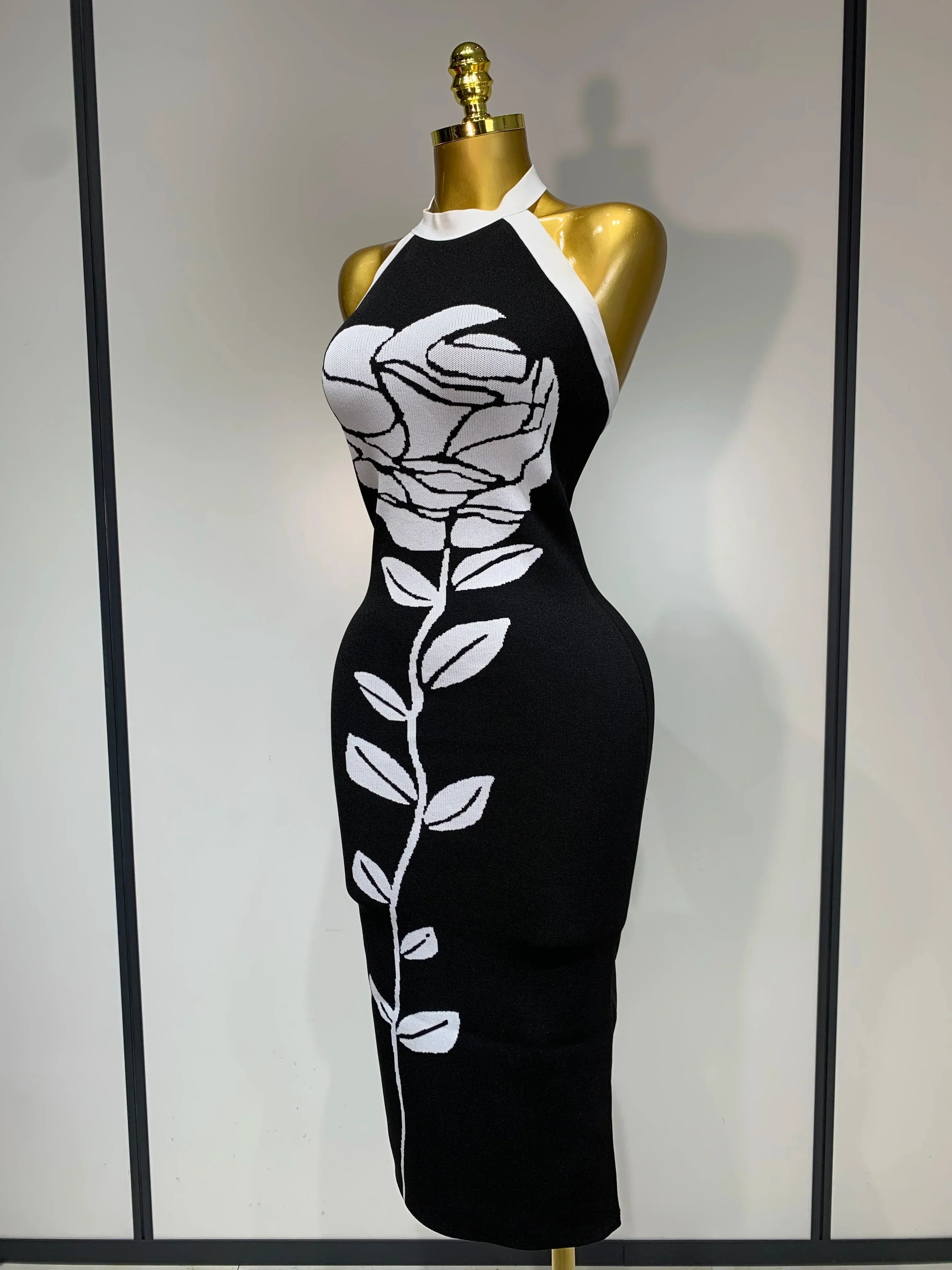 Women Fashion Celebrity Sexy Backless Rose Flower Midi Black Jacquard Bandage Dress  Elegant Evening Club Party Dresses