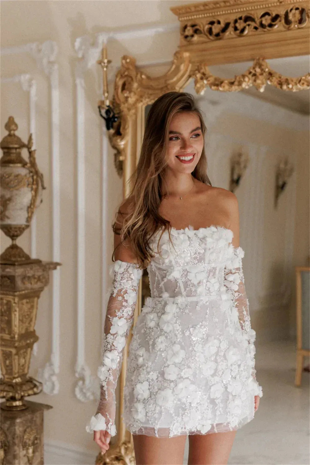 Intricate Sparkle Strapless A-line Celebrity Dress Applique Paillette / Sequins Mini Organza Cocktail wedding dress