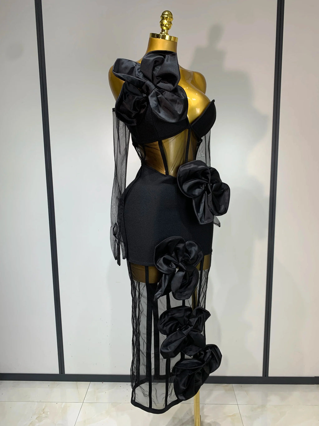 Women Sexy One Shoulder Bow Mesh See Through Bandage Bodycon Dress With Gloves Black Sleeveless Elegant Party Birthday Dresses