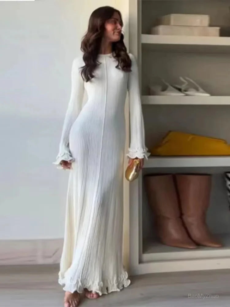 Autumn Ladies Elegant Flared Sleeve Knitted Dress Women Fashion Crew Neck White Slim Robes Summer Female Party Dresses