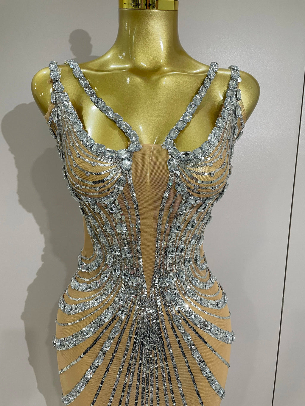 Luxury Sexy Silver Rhinestone Mesh See Through Long Dress  Women Birthday Party Prom Gown Singer Nightclub Stage Costume