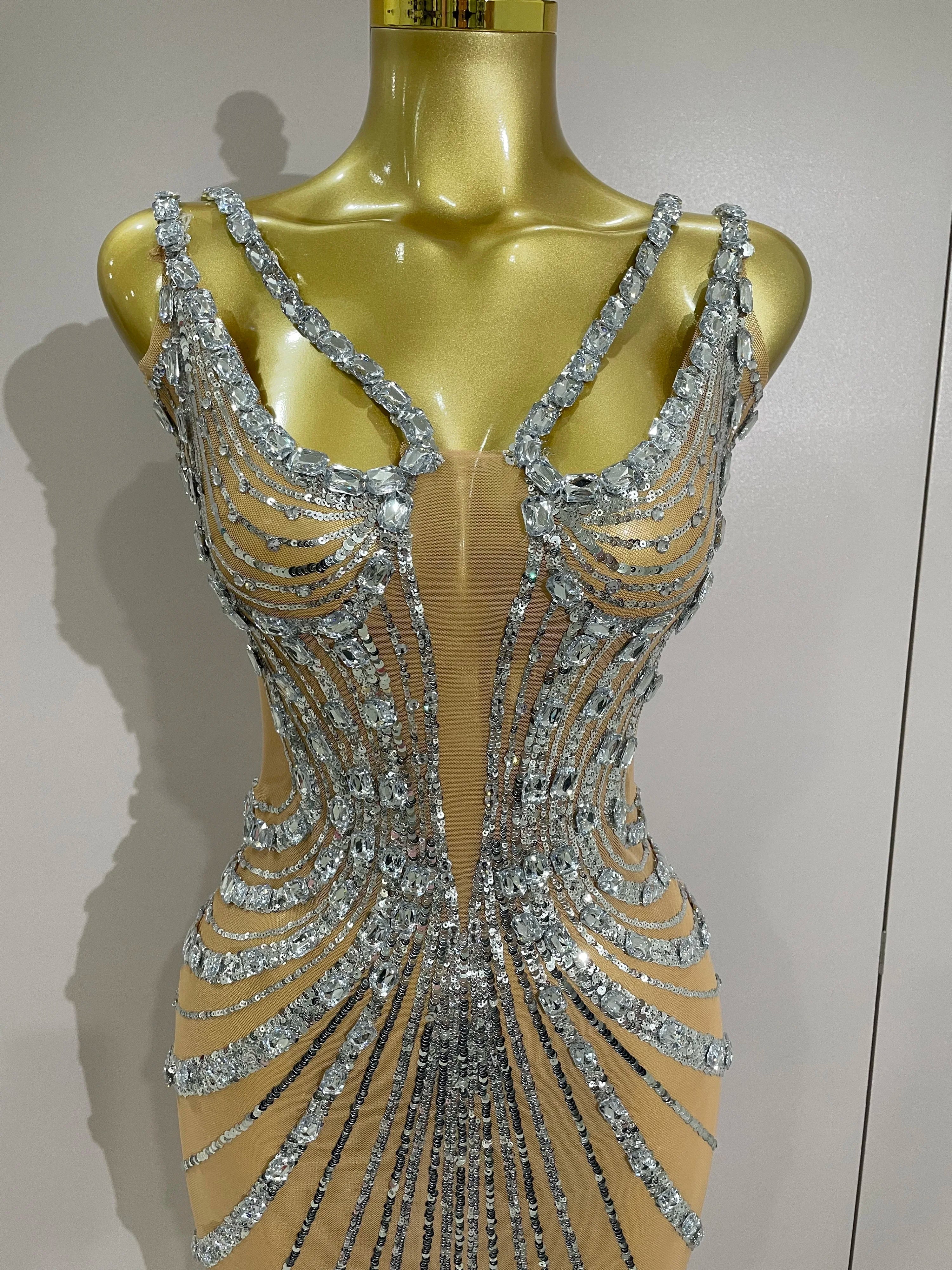 Luxury Sexy Silver Rhinestone Mesh See Through Long Dress  Women Birthday Party Prom Gown Singer Nightclub Stage Costume