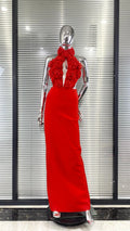 Red Color Women Sexy Halter Florals Backless Off the Shoulder Bodycon Long Dress Celebrate Nightclub Party Birthday Outfit Red