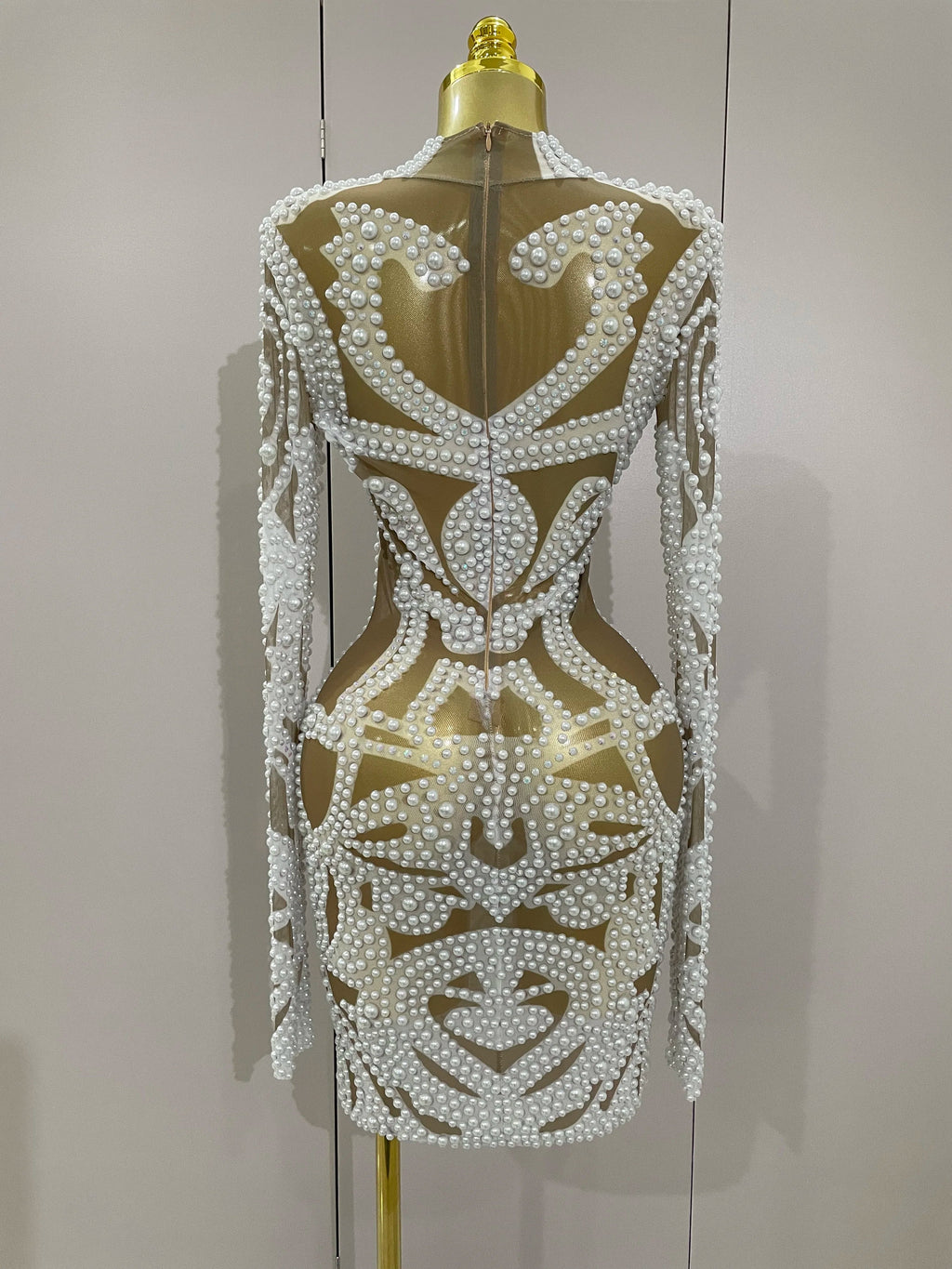 High-end Elegant Evening Gown AB Rhinestones Pearls Luxury Long Sleeves Mesh Dress Women Cocktail party Wedding Costume