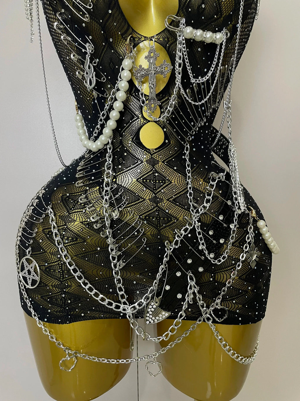 Sexy Fashion Pin Decoration Fringe Beading Short Party Dress  Women Hollow Out Nightclub Performance Singer Costume