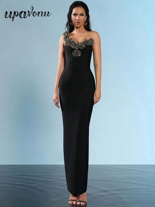 2024 Sexy Women's Light Luxury Sparkle Flower Design Bandage Dress One Shoulder Sleeveless Bodycon Long Dresses Party Vestidos black