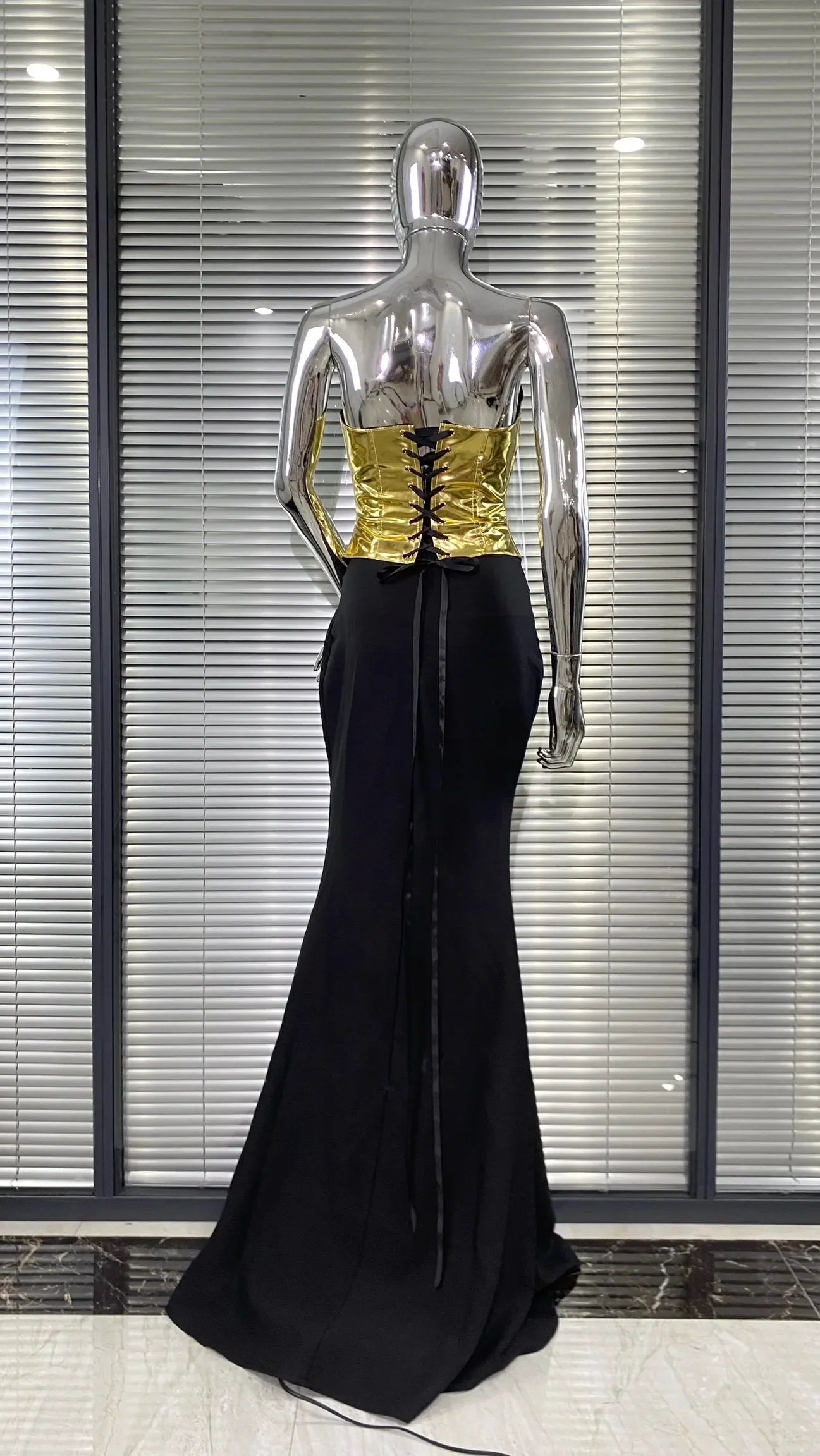 Women Sexy Gold Laced-up Tops Long Maxi Skirt Set Celebrate Evening Party Nightclub Fashion Cocktail Outfit Dress