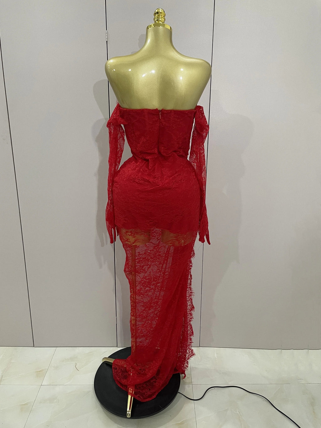 Women Sexy Strapless Backless Red Lace Split Maxi Long Bodycon Dress  Celebrity Elegant Evening Club Birthday Party Outfit