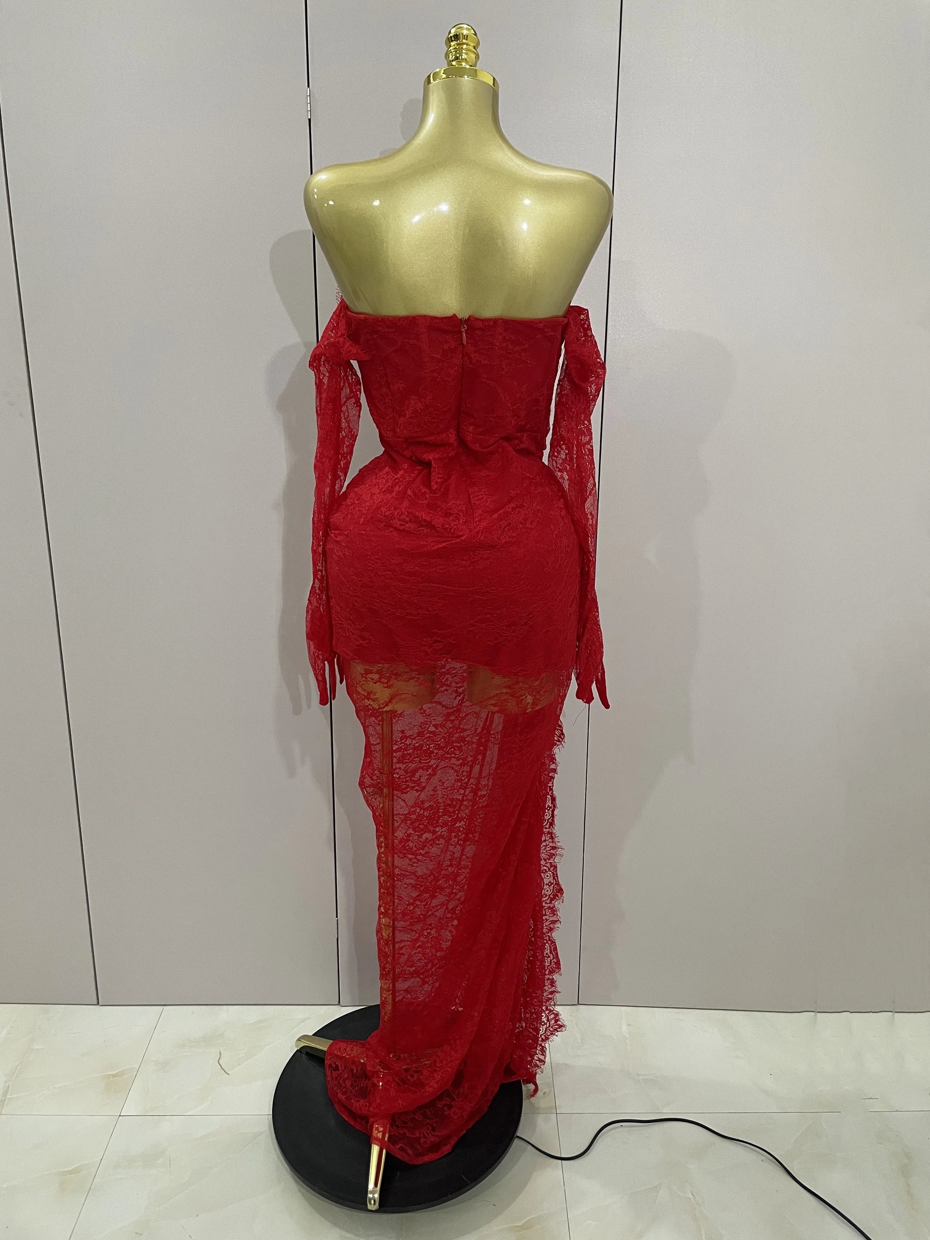 Women Sexy Strapless Backless Red Lace Split Maxi Long Bodycon Dress  Celebrity Elegant Evening Club Birthday Party Outfit