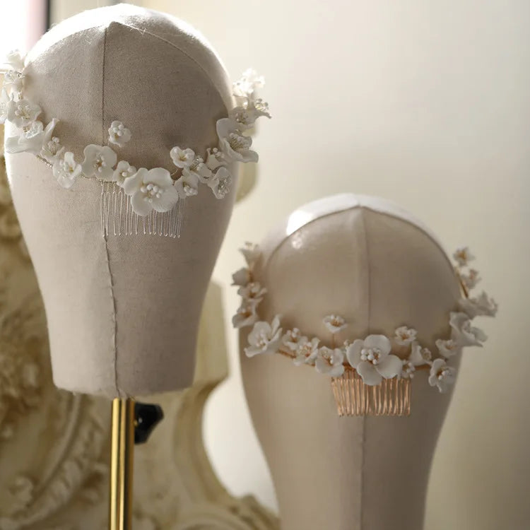 Bridal Jewelry Porcelain Flower Headband Gold Silver Color Hair Comb Pin For Brides Women Headwear Heapieces Wedding Accessories