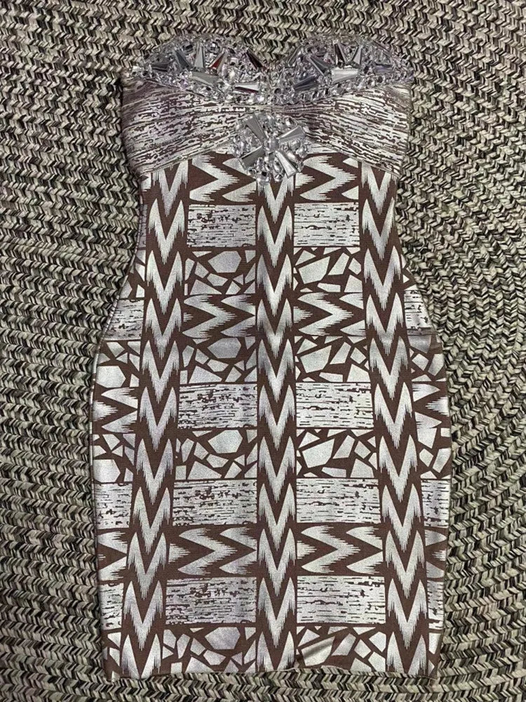 Black Silver Gold Foil Women Sexy Strapless Crystal Bodycon Mini Dress Rayon Bandage Fashion Nightclub Party Celebrate Dress Silver