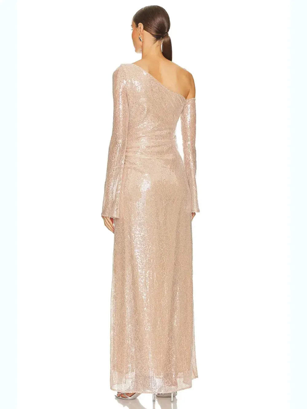 Sexy Women's 3D Flower Shining Glitter Maxi Dress with Diagonal Collar Long Sleeve Bodycon Long Dress Evening Club Vestidos
