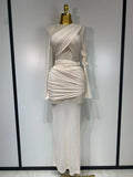 Elegant Brown Mesh Fold Long Sleeve Bodycon Dress Women Evening Party Club Sexy Perspective Fashion Luxury Birthday Dresses Beige