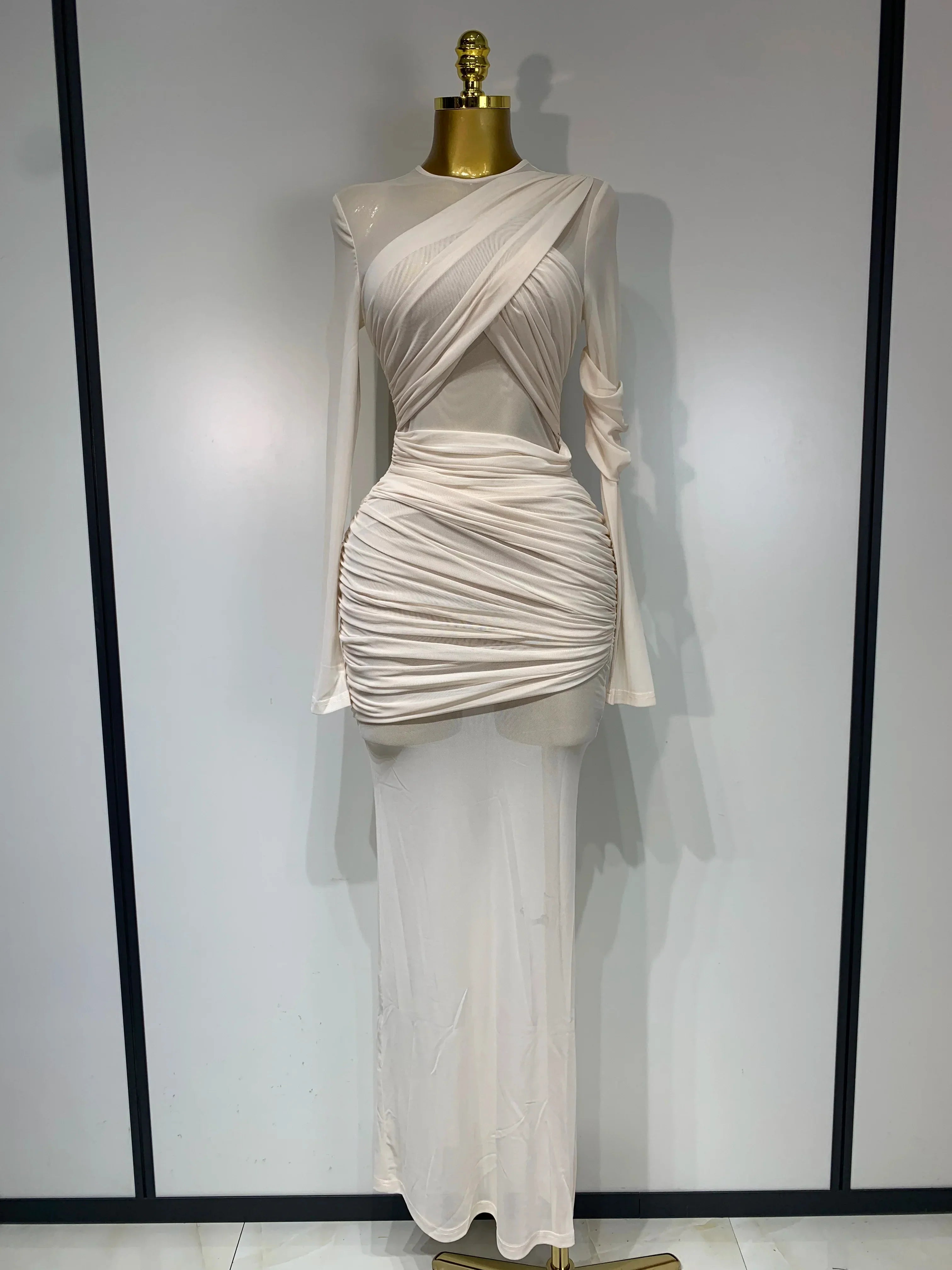 Elegant Brown Mesh Fold Long Sleeve Bodycon Dress Women Evening Party Club Sexy Perspective Fashion Luxury Birthday Dresses Beige