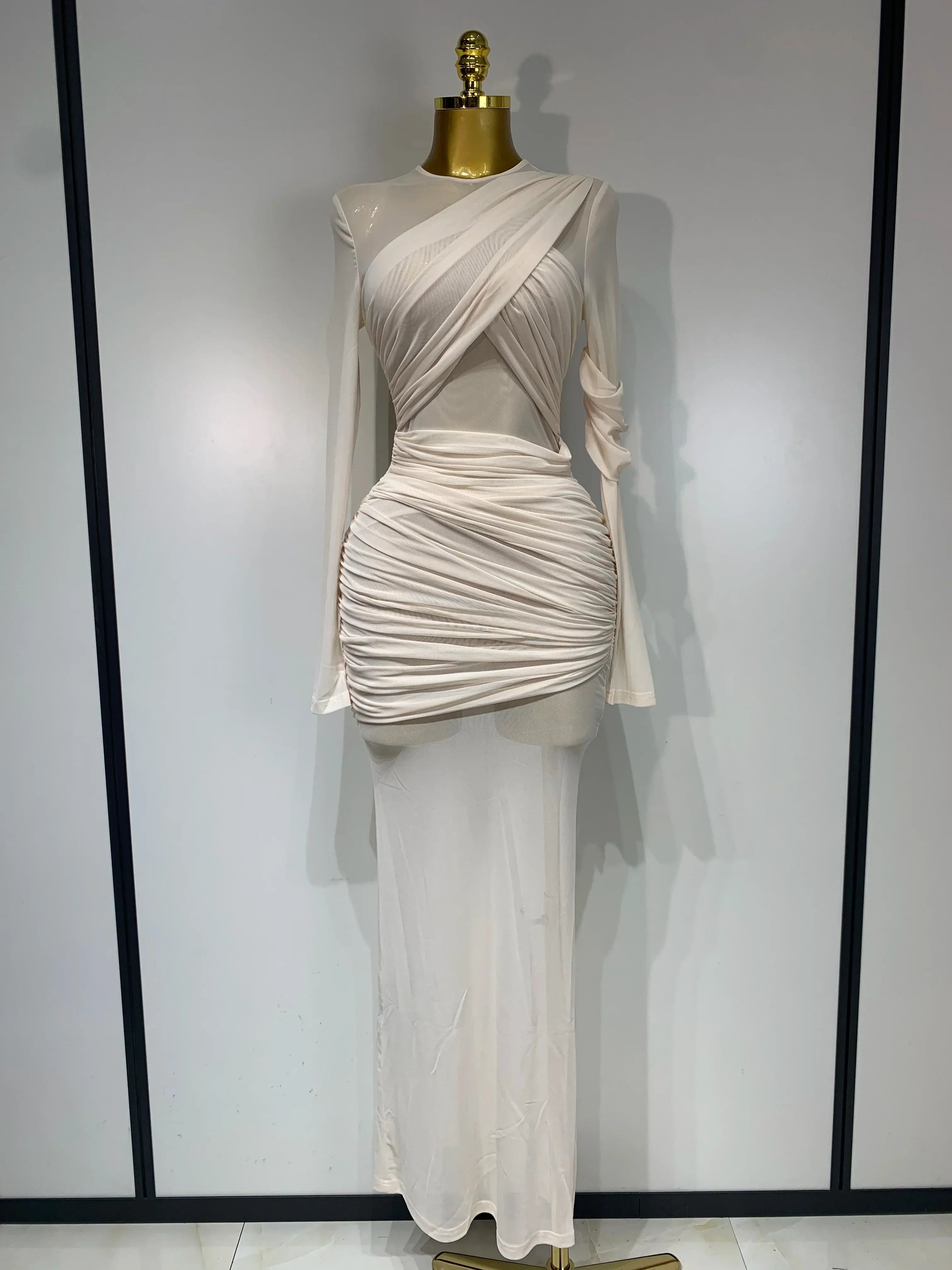 Elegant Brown Mesh Fold Long Sleeve Bodycon Dress Women Evening Party Club Sexy Perspective Fashion Luxury Birthday Dresses Beige