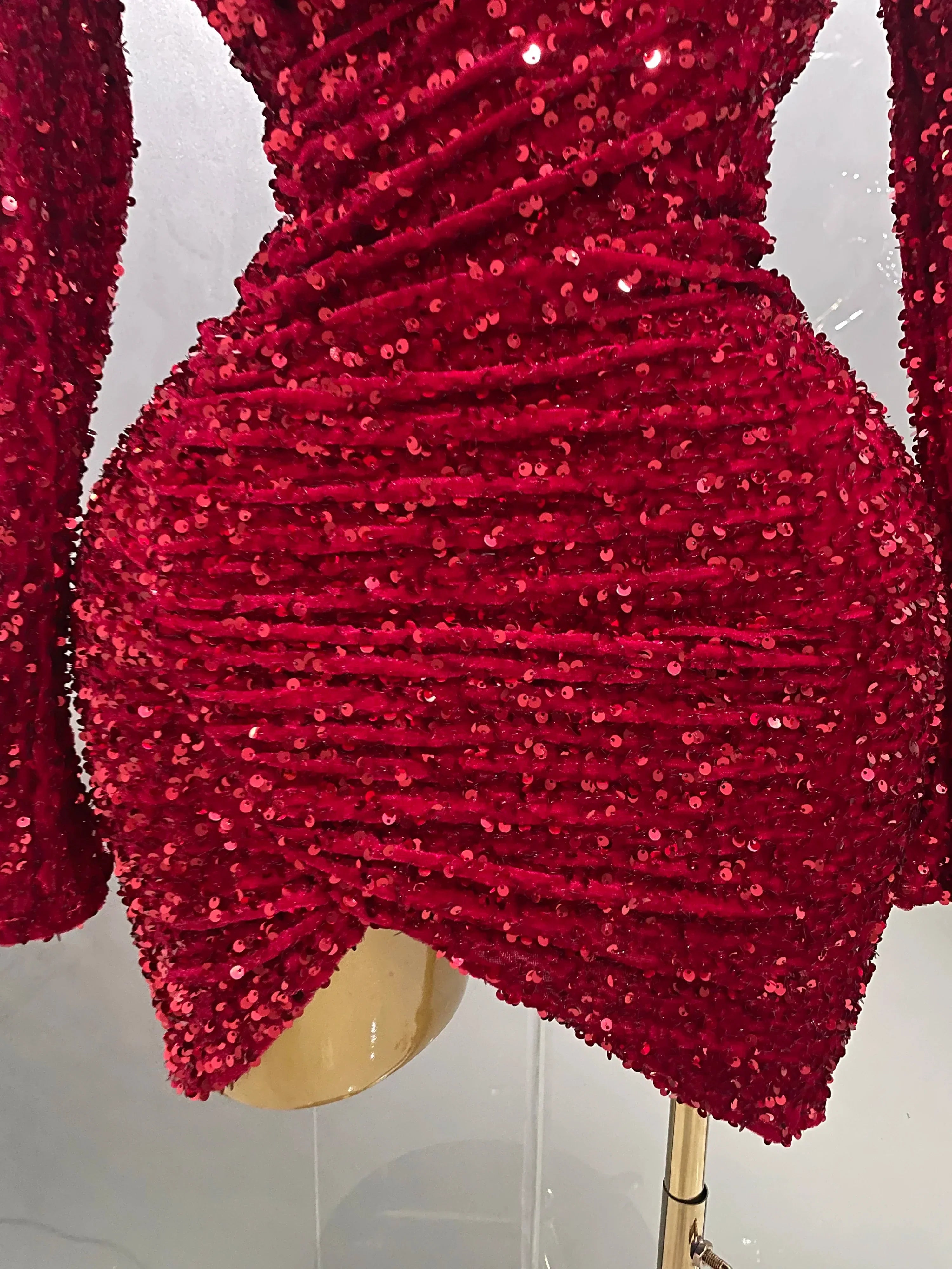 Sexy Sparkly Red Sequins Long Sleeve Short Dress  Women Evening Celebrate Birthday Party Club Performance Stage Costume