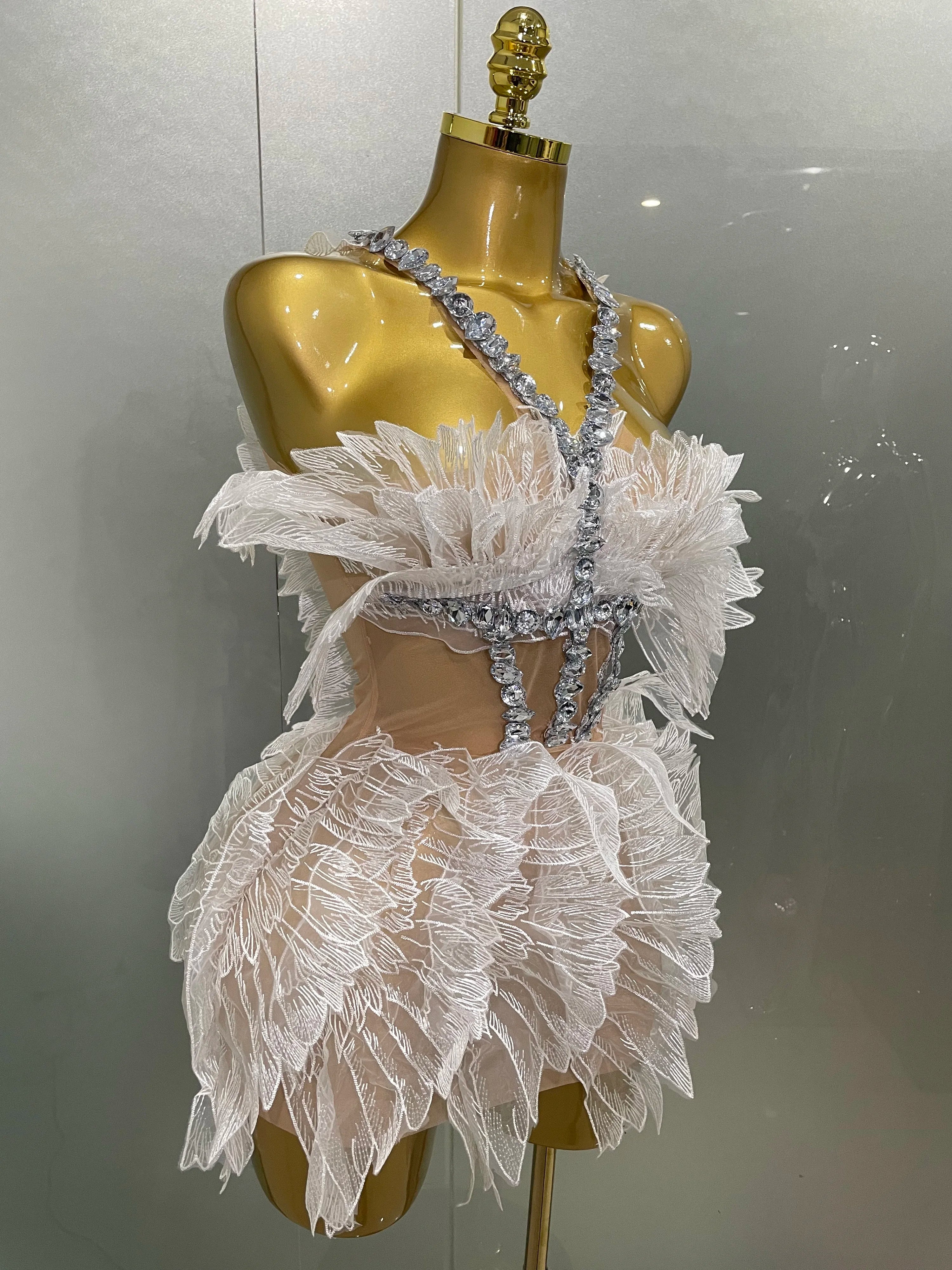 Sexy Shining Gold Crystal Transparent Wings Mini Dress  Women Birthday Party Bar Nightclub Singer Stage Performance Costume