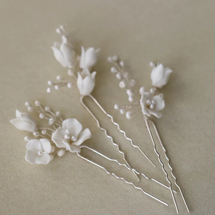 Bridal Jewelry Porcelain Flower Hairpins Silver Color Hair Pin Clip For Brides Bridesmaids Women Head Pieces Wedding Accessories silver color