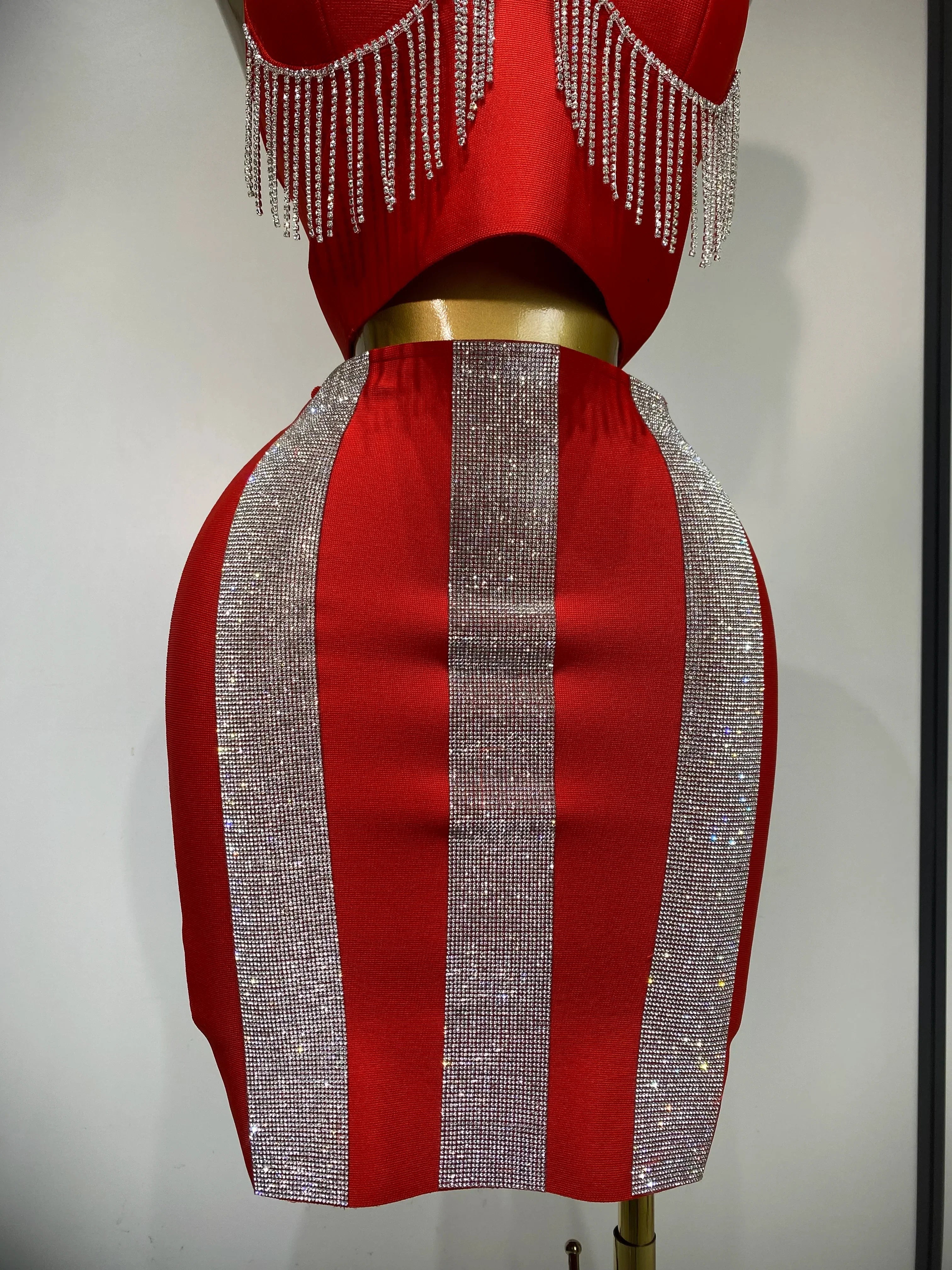 Women Sexy Sling Backless Tassels Bandage Skirt Two Piece Set  Knitted Celebrity Elegant Evening Luxury Birthday Dresses