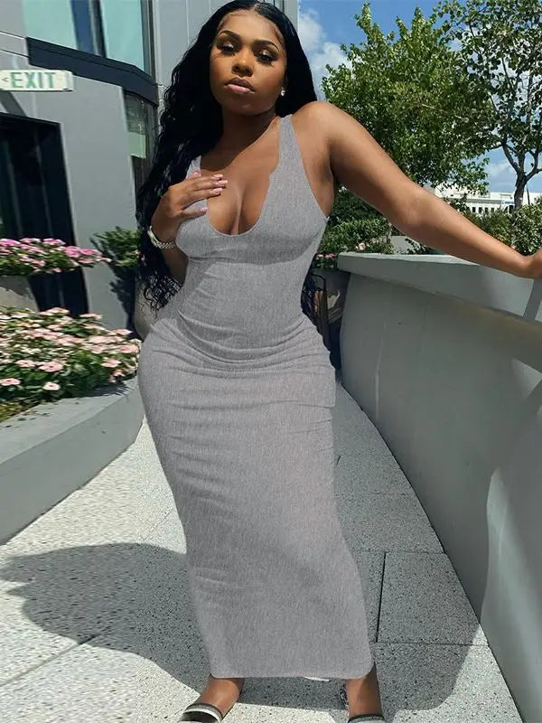 Ribbed Stripe Sleeveless Vneck Midi Dress