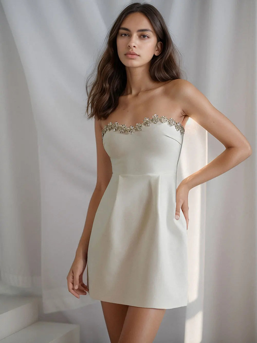Sexy Women Three-Dimensional Rhinestone Design Dress Strapless Sleeveless A-Line Backless Mini Dress Cocktail Party Vestido