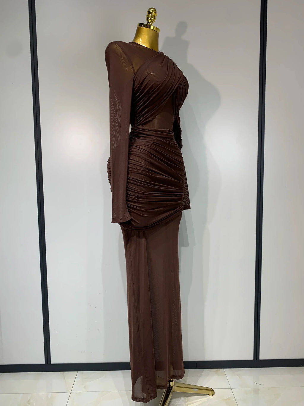 Elegant Brown Mesh Fold Long Sleeve Bodycon Dress Women  Evening Party Club Sexy Perspective Fashion Luxury Birthday Dresses