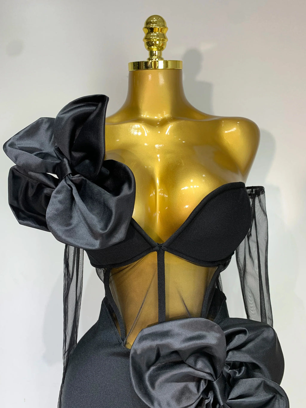 Women Sexy One Shoulder Bow Mesh See Through Bandage Bodycon Dress With Gloves Black Sleeveless Elegant Party Birthday Dresses