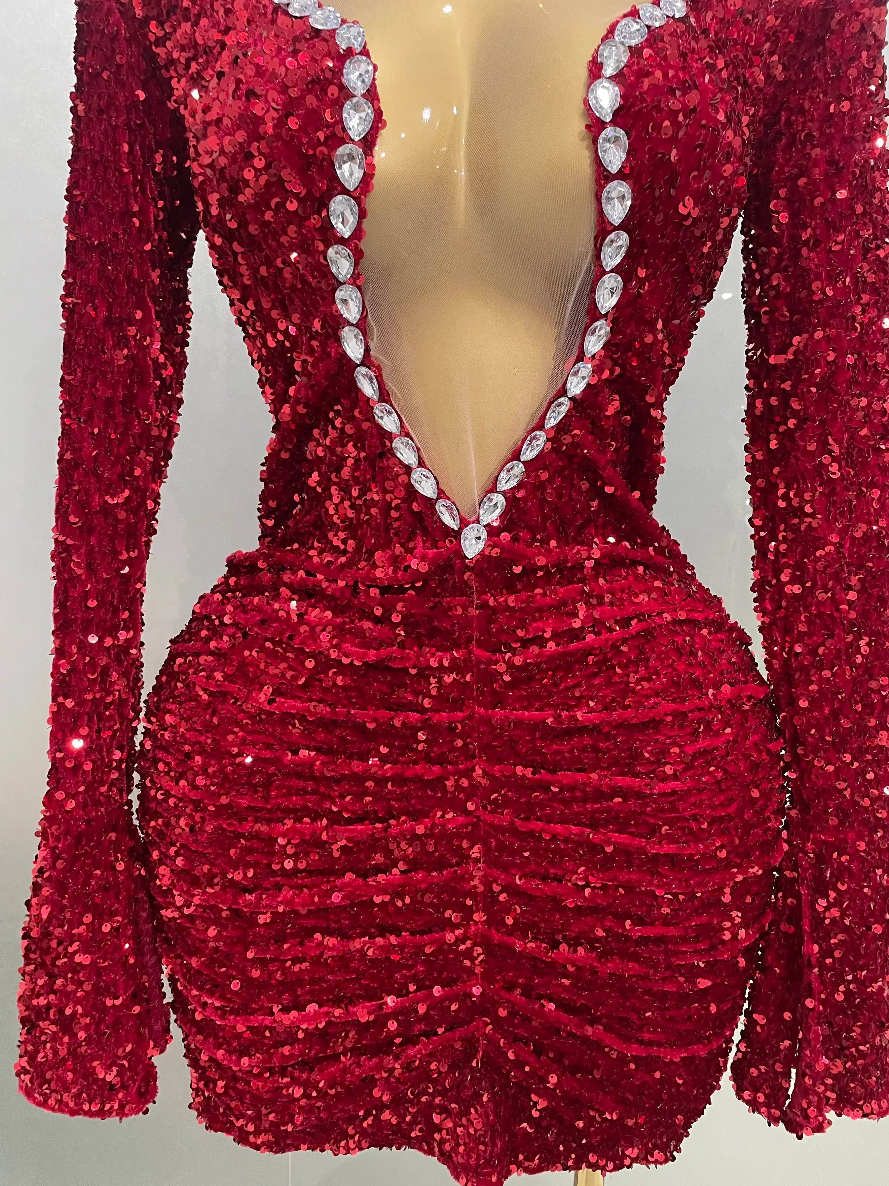 Sexy Shiny Red Sequins Rhinestones Sheath Mini Dress  Women Evening Birthday Party Nightclub Stage Performance Costume