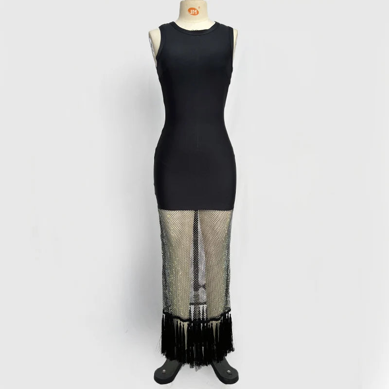 Women Sleeveless Sexy O-Neck Shinning Rhinestones Bodycon Long Bandage Dress Nightclub Party Celebrate Evening Wear black
