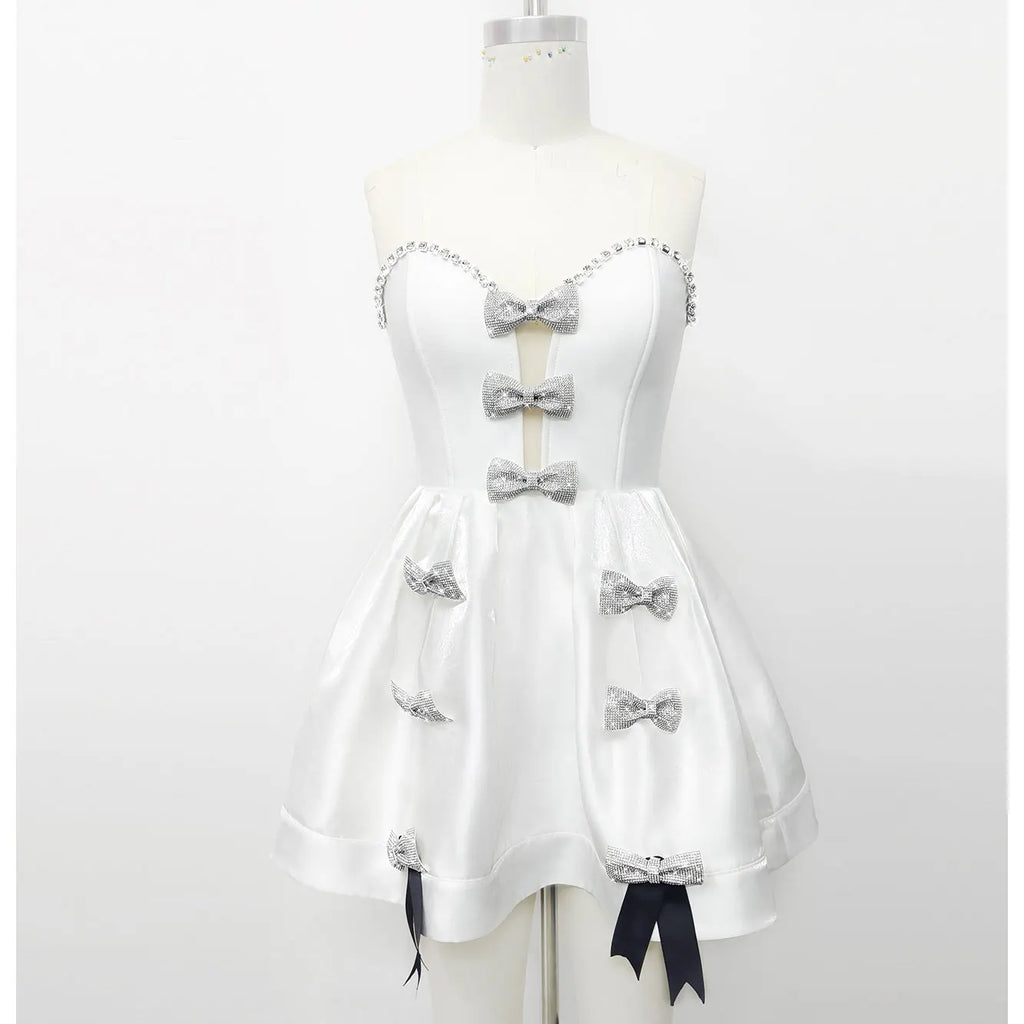Spring Women's White Puff Dress Strapless Sleeveless Three Dimensional Bow Design A-line Mini Dress Evening Party Vestidos WHITE