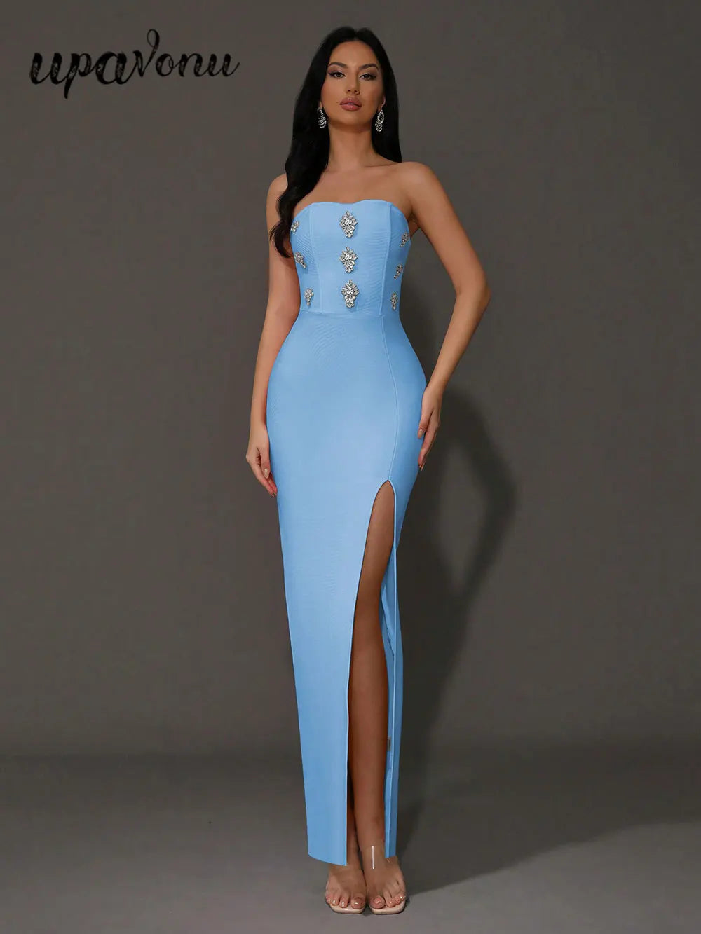 2024 Sexy Women'S Light Luxury Rhinestone Bandage Dress Strapless Sleeveless Bodycon Split Length Dress Christmas Party Vestidos