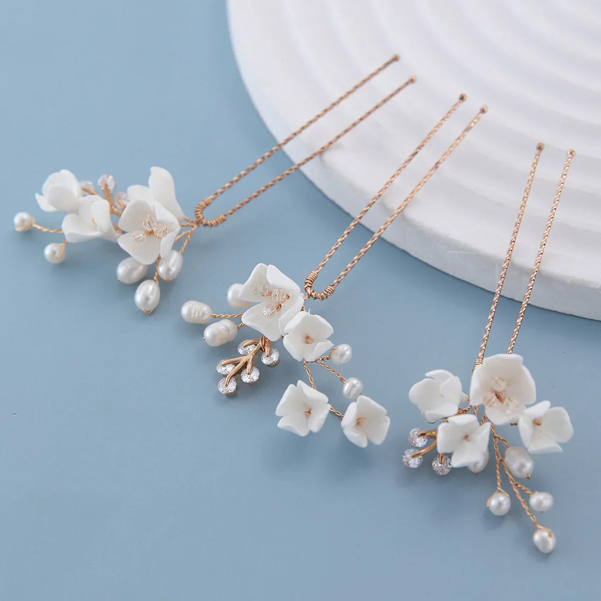 Bridal Jewelry Porcelain Flower Hair Pin Clip Freshwater Pearl Head Piece Brides Vintage Gold Color Hairpin Wedding Accessories
