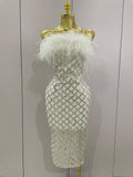 Shinning White Feathers Sequins Straples Bodycon Dress Women Fashion Celebrate Luxury Birthday Party Cocktail Dress WHITE
