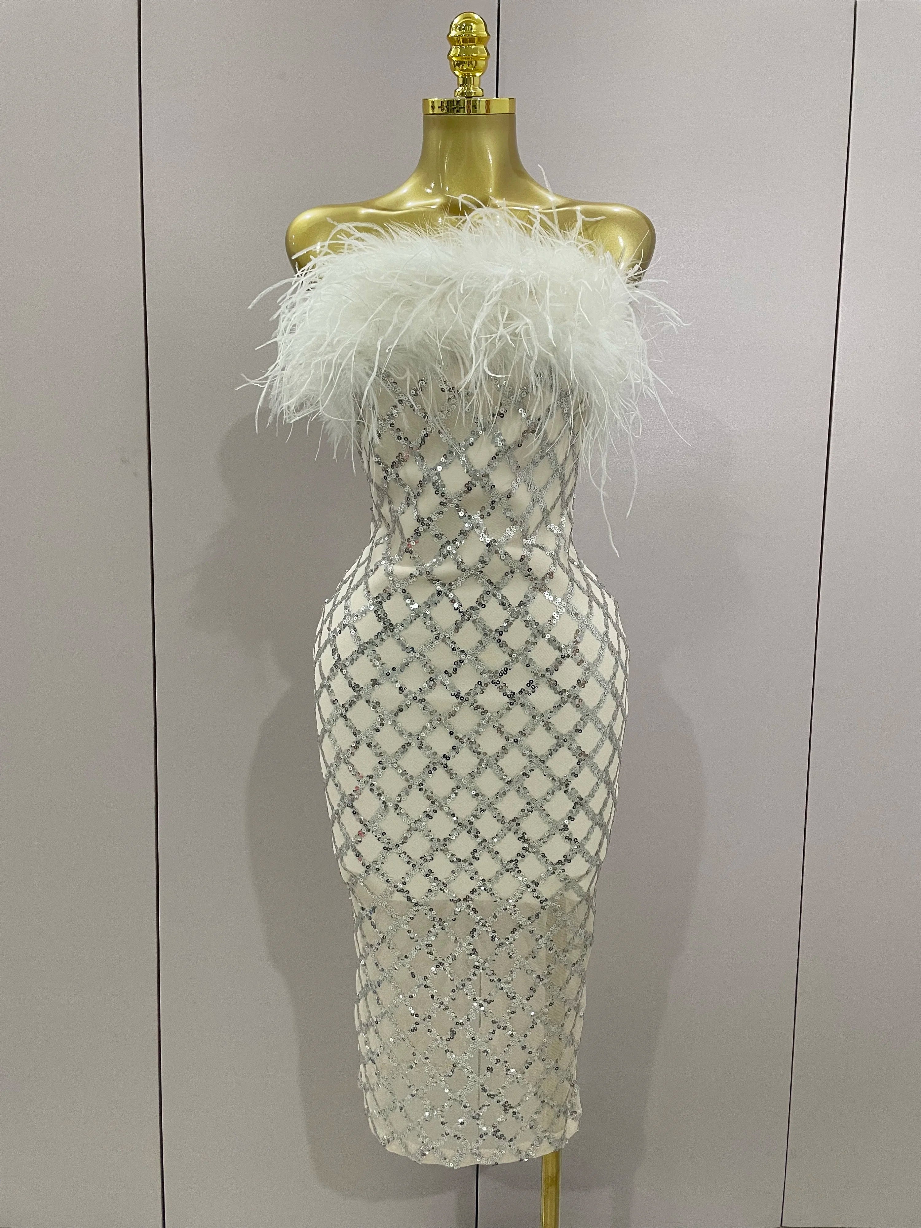 Shinning White Feathers Sequins Straples Bodycon Dress Women Fashion Celebrate Luxury Birthday Party Cocktail Dress WHITE