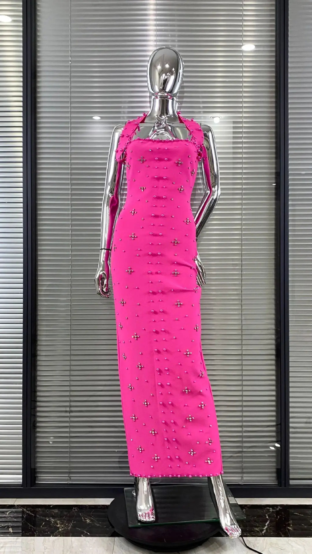Women Sexy Halter Off the Shoulder Beading Rhinestones Bodycon Long Bandage Dress Evening Party Cocktail Vestido Rose Red