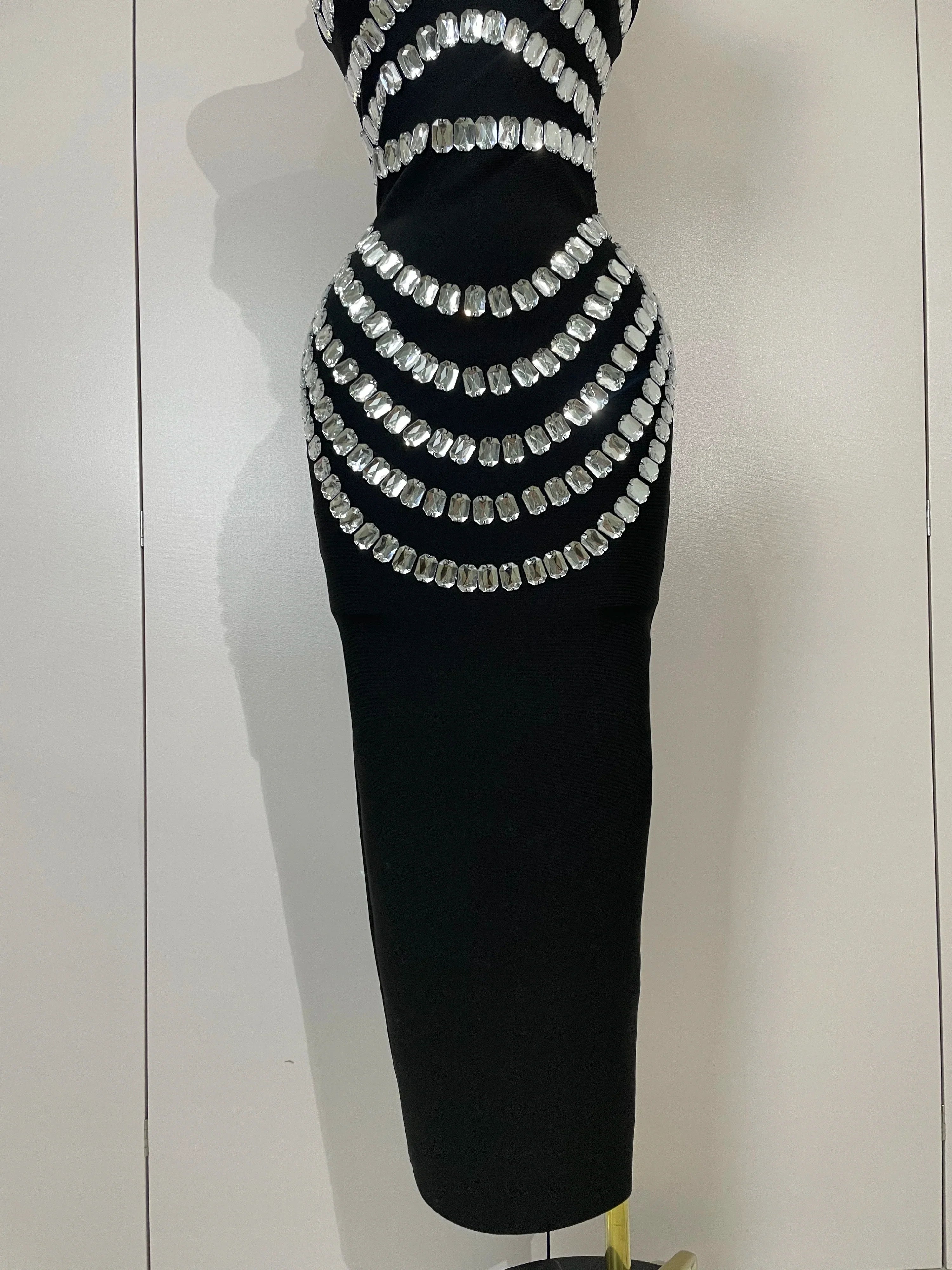 Women Sexy Backless Strapless Black Beading Long Bandage Bodycon Dress  Celebrity Elegant Evening Luxury Birthday Dresses