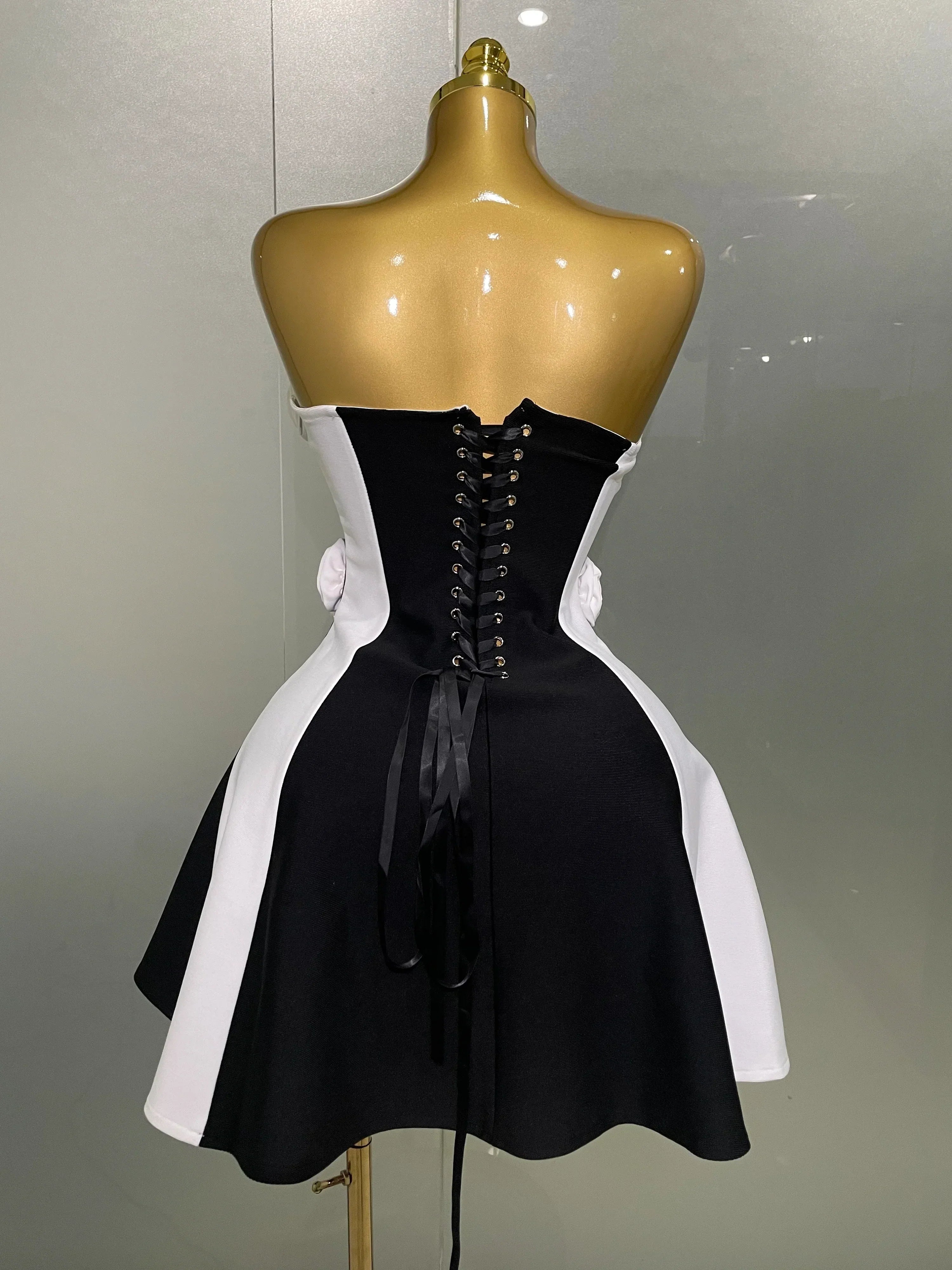 Women Flower Decoration Strapless Black White Stripe Bandage Short Dress Cocktail Party Elegant Evening Club Party Dress