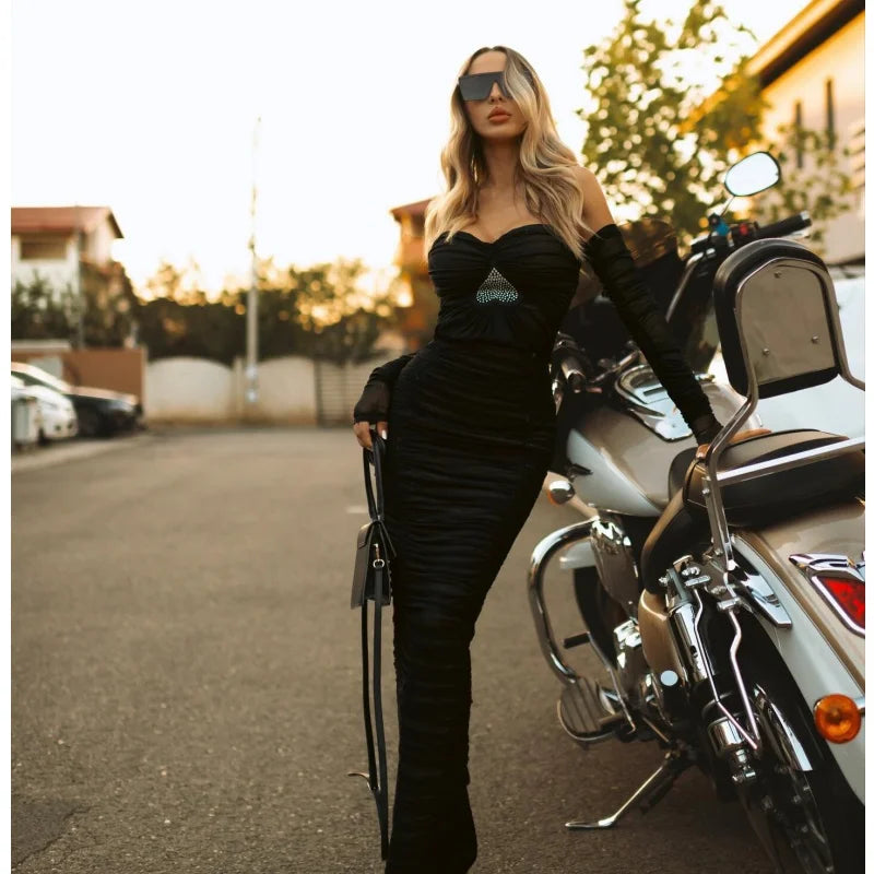 Autumn Off the Shoulder Mesh Woman Set Long Sleeve Short Top And Steath Ankle Lenght Skirt  2 Pieces Evening Party Vestido