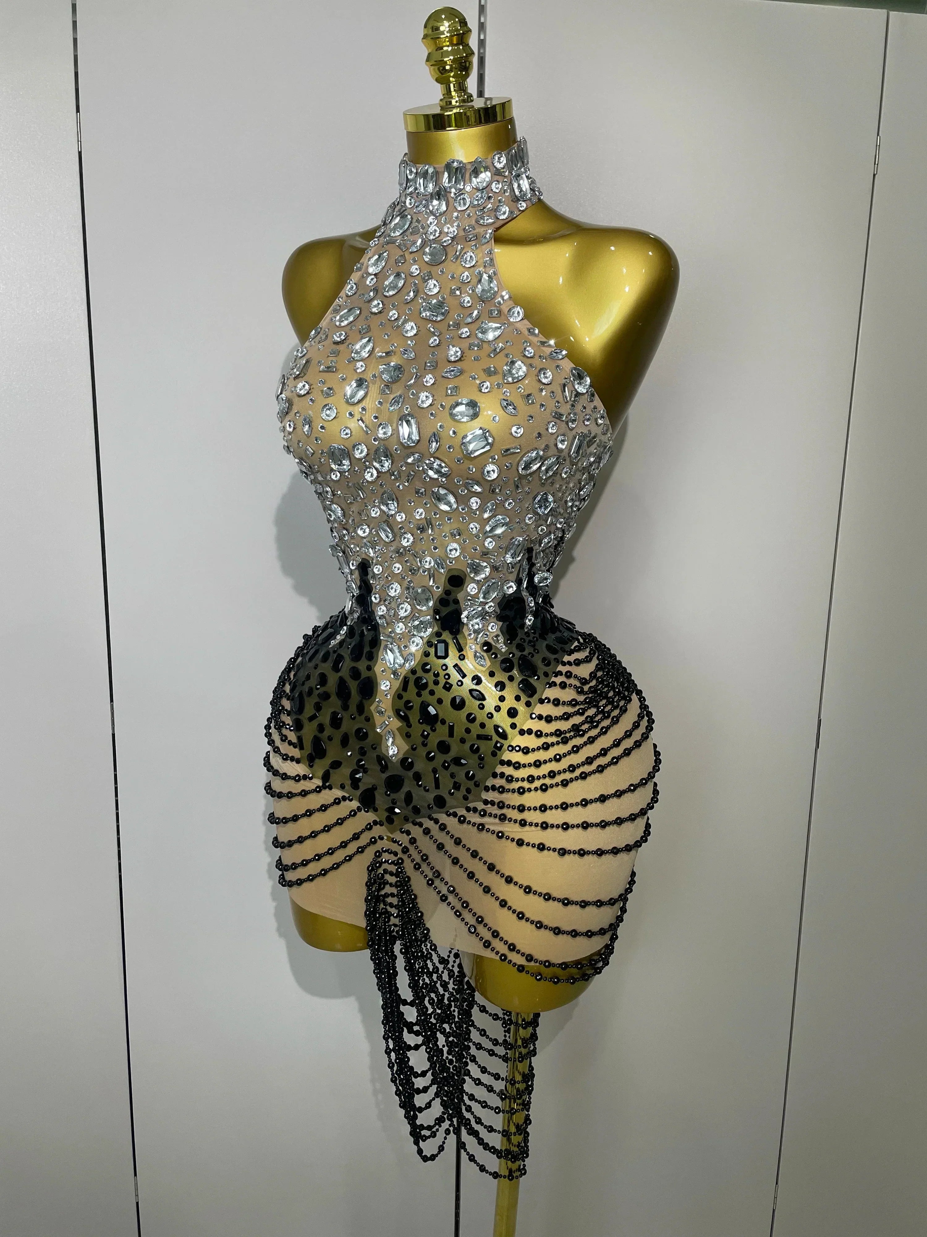 Sparkly Crystals Beading Short Dress  Women Sexy Mesh Backless Evening Prom Celebrate Birthday Dress Photo Shoot Wear