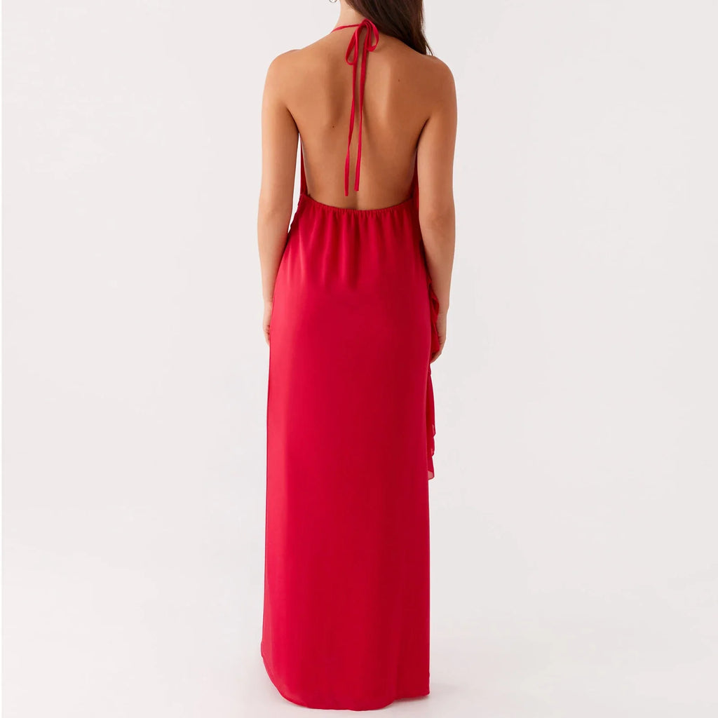 Ruffle Trim Open Back Floral Dress