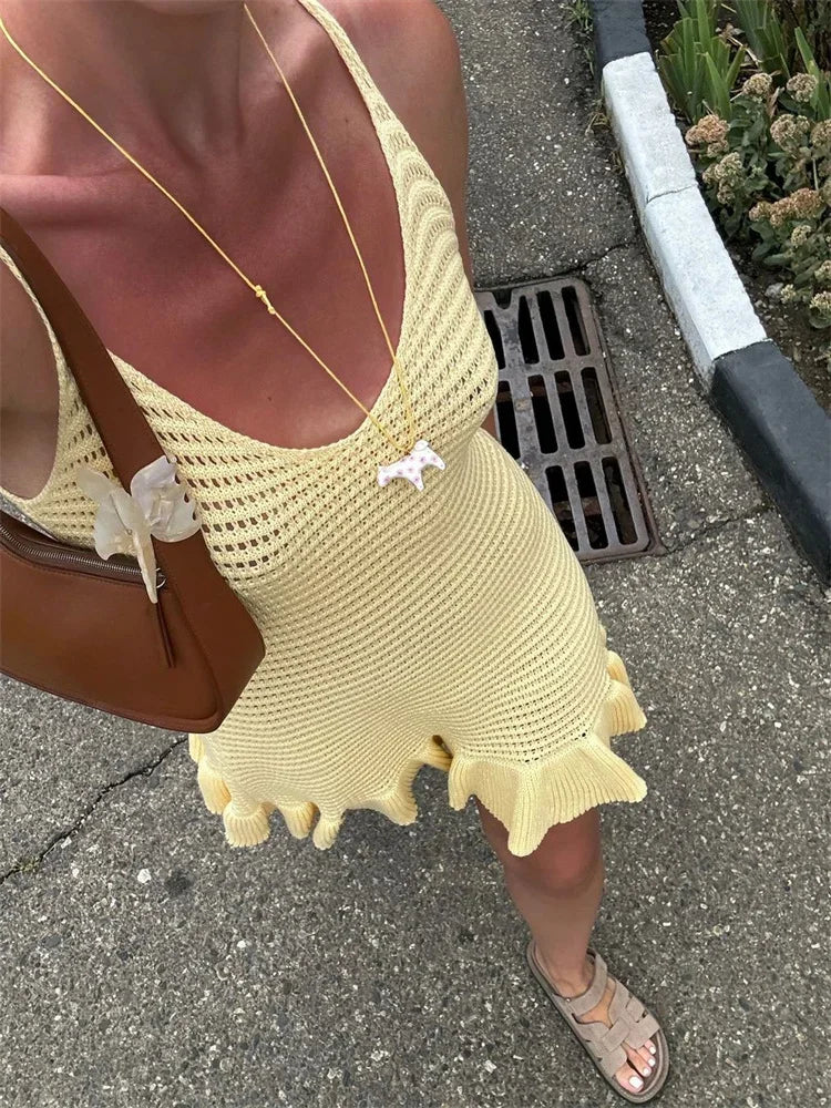 Knit Ruffle Hollow SeeThrough Mini Dress